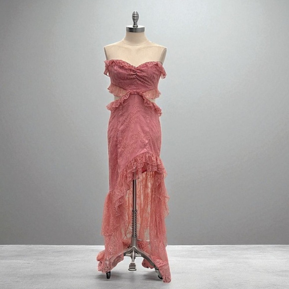 Majorelle Sonia Gown Pink Lace Strapless Cutout Ruffle‎ Maxi Dress